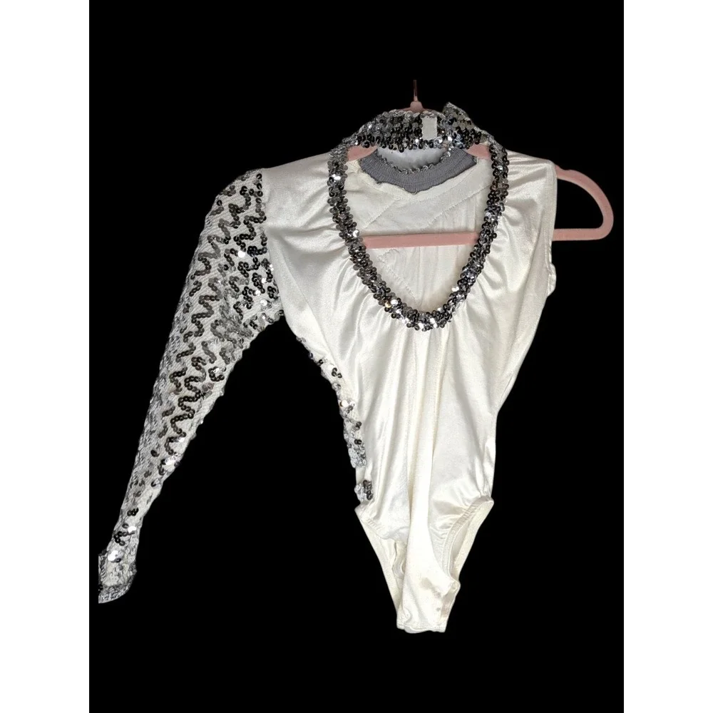 Sequined White Leotard Child Medium Large OOC Asymmetrical One Sleeve Dancewear